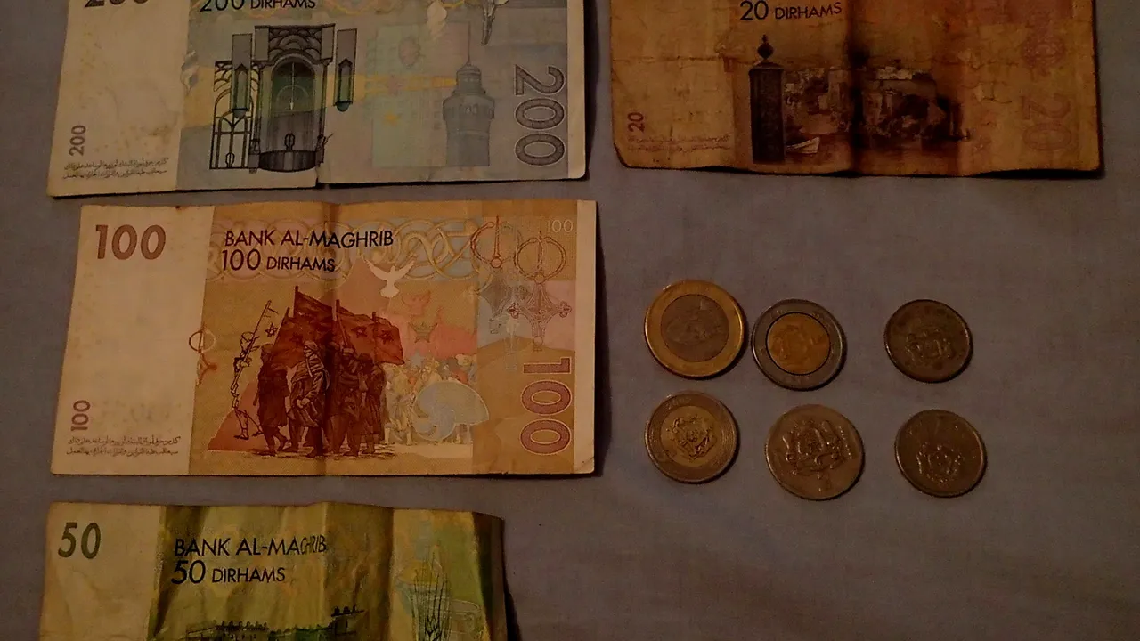 Billets de 20, 50, 100 et 200 dirhams et pièces de monnaie marocaines posés sur une table
