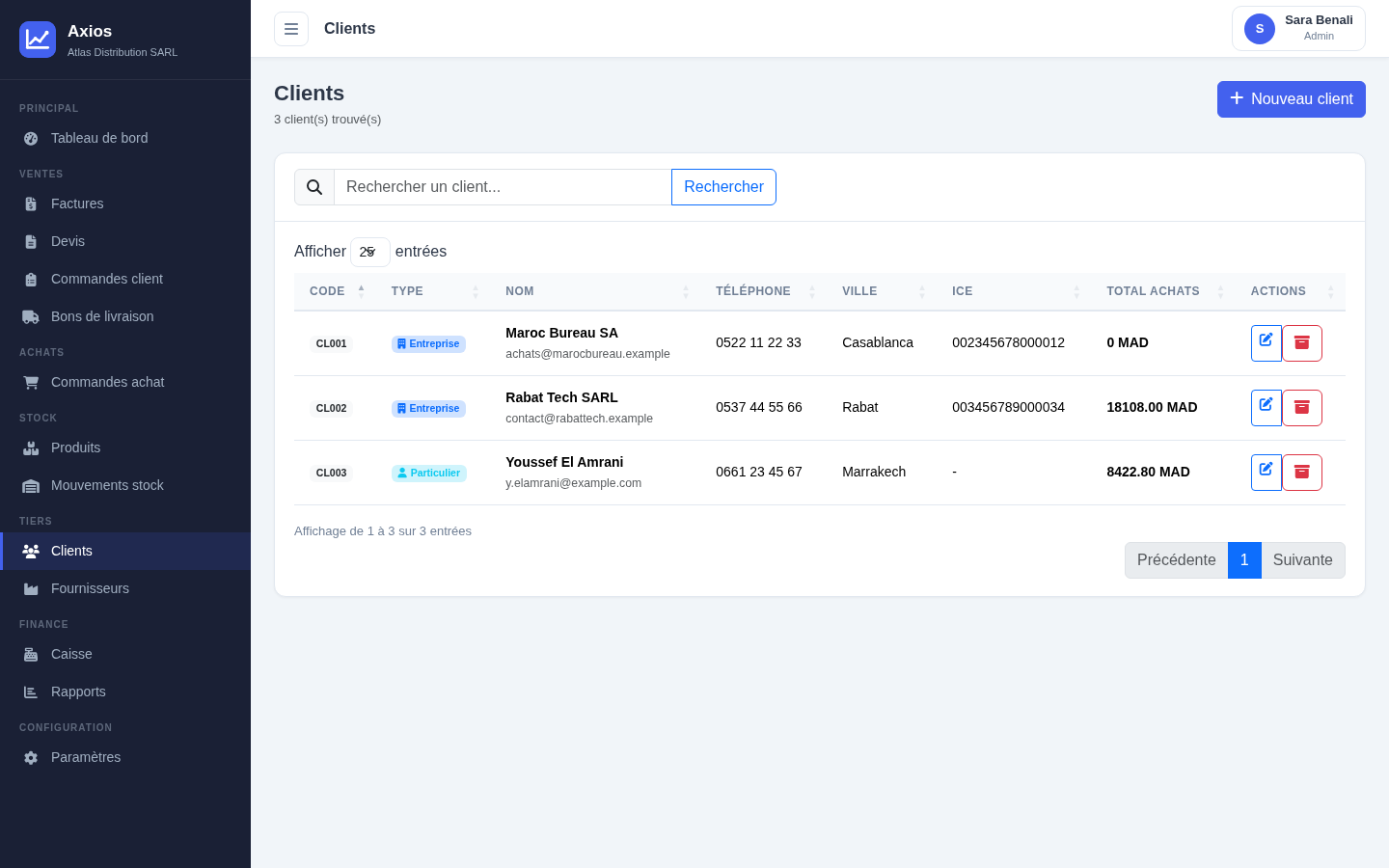 Liste des clients dans Axios avec code, ville et ICE