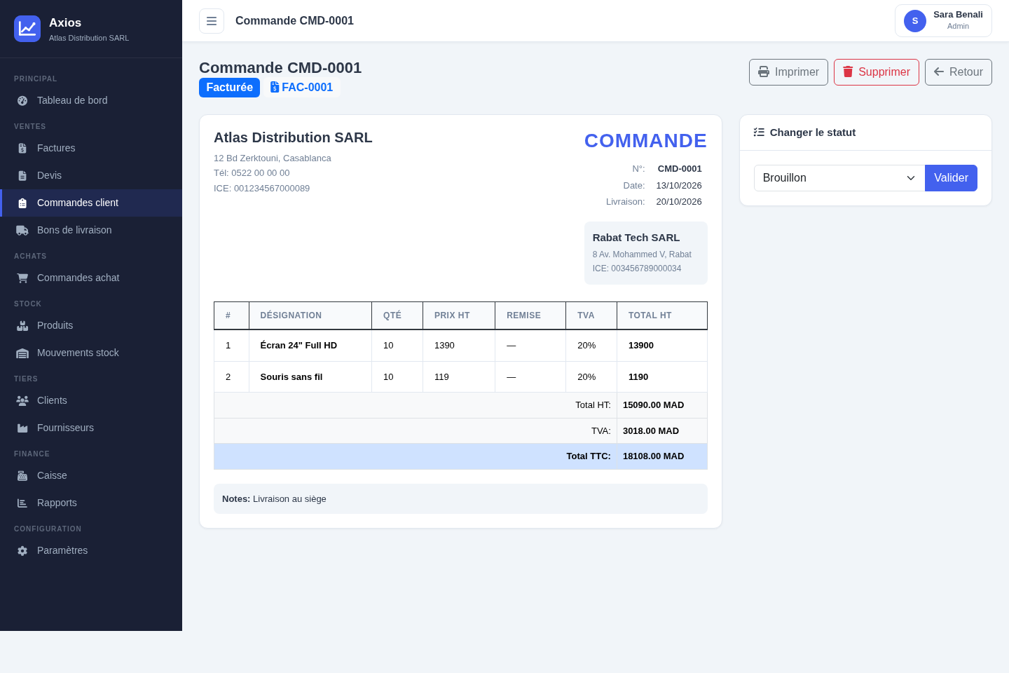 Commande client confirmée avec le bouton Générer la facture
