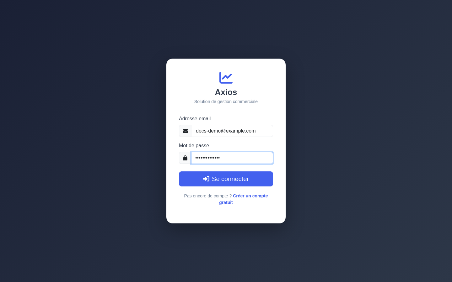 Page de connexion à Axios avec les champs email et mot de passe