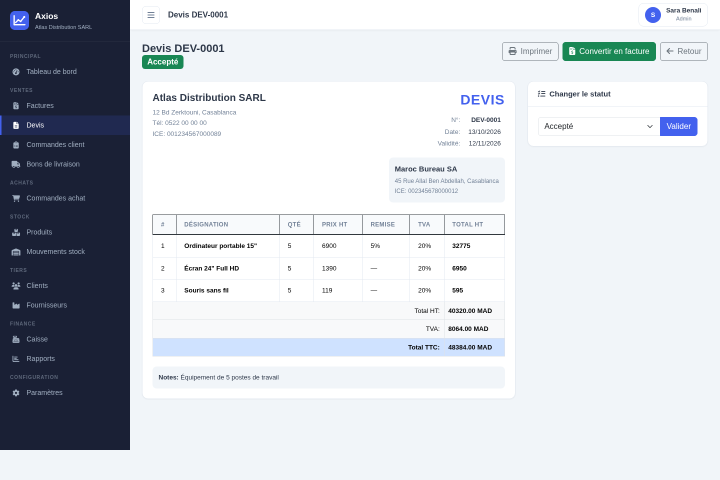 Devis accepté dans Axios avec le bouton Convertir en facture