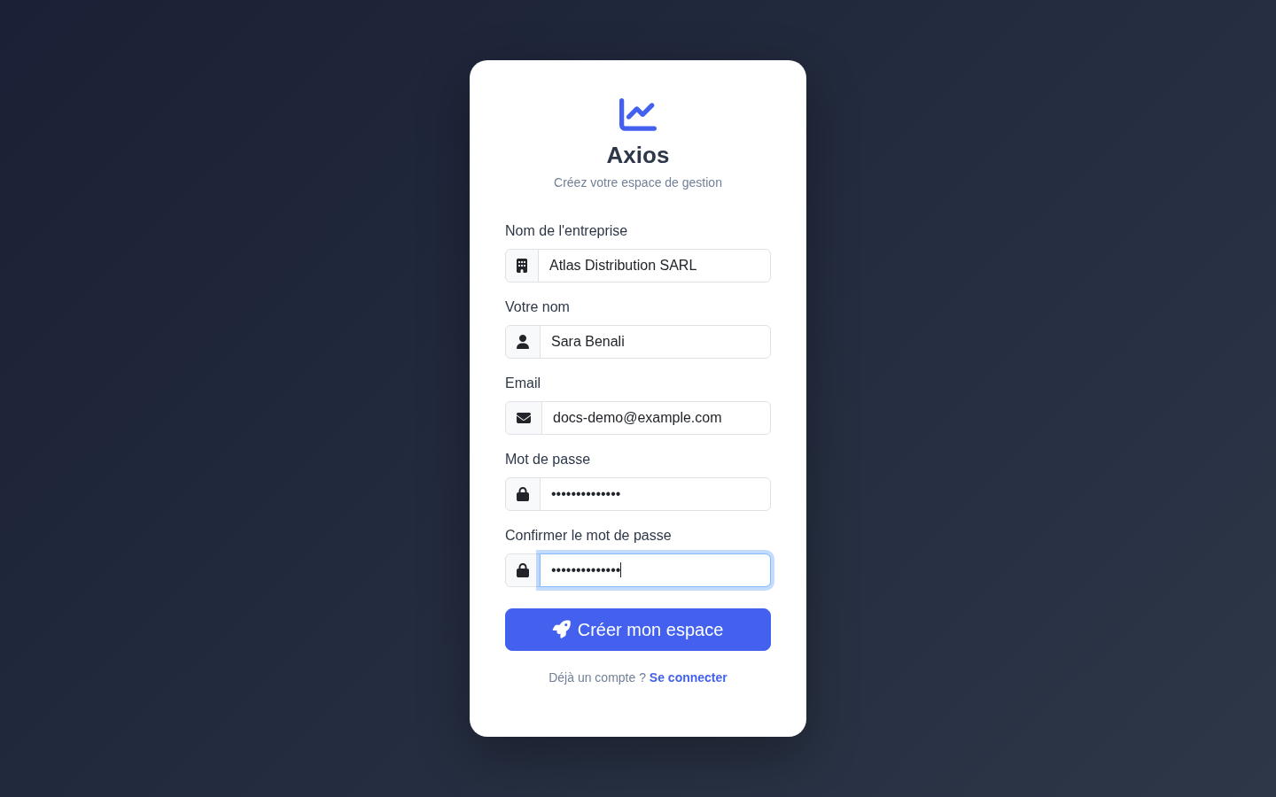 Formulaire d'inscription Axios rempli avec le nom de l'entreprise, le nom et l'email